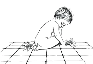 A simple tile floor with a minimalist outline of a curled up child sitting on the floor with a lily next to her tattoo idea