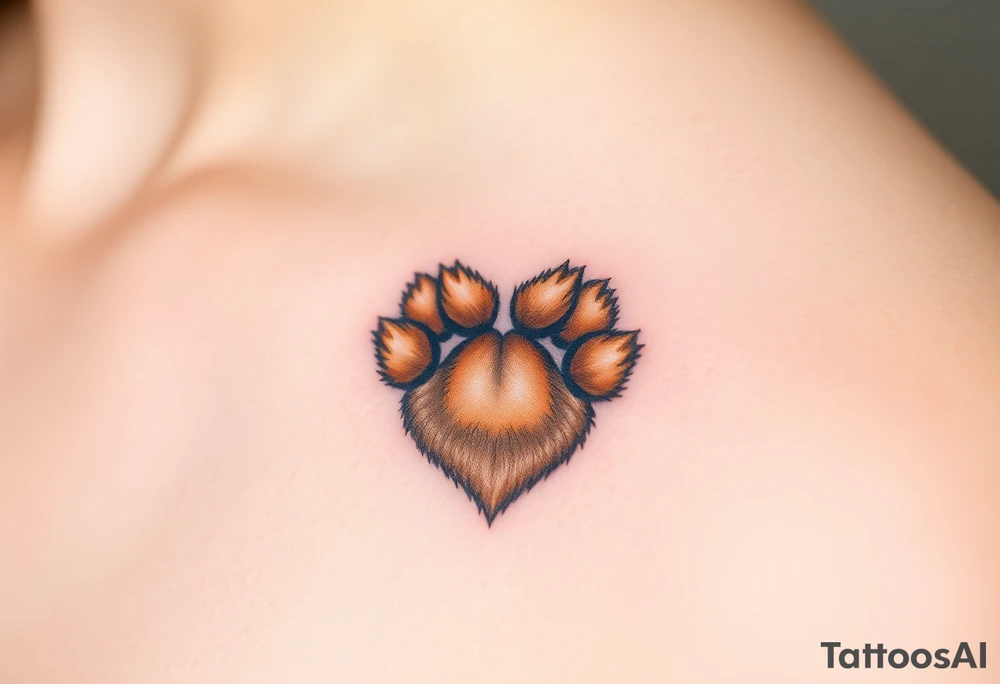 A hyper-realistic dog paw forming a heart, with fine fur details and warm shades of golden brown, caramel, and soft beige for a lifelike effect tattoo idea