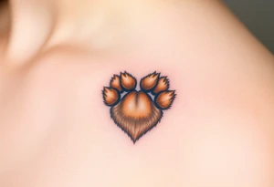 A hyper-realistic dog paw forming a heart, with fine fur details and warm shades of golden brown, caramel, and soft beige for a lifelike effect tattoo idea