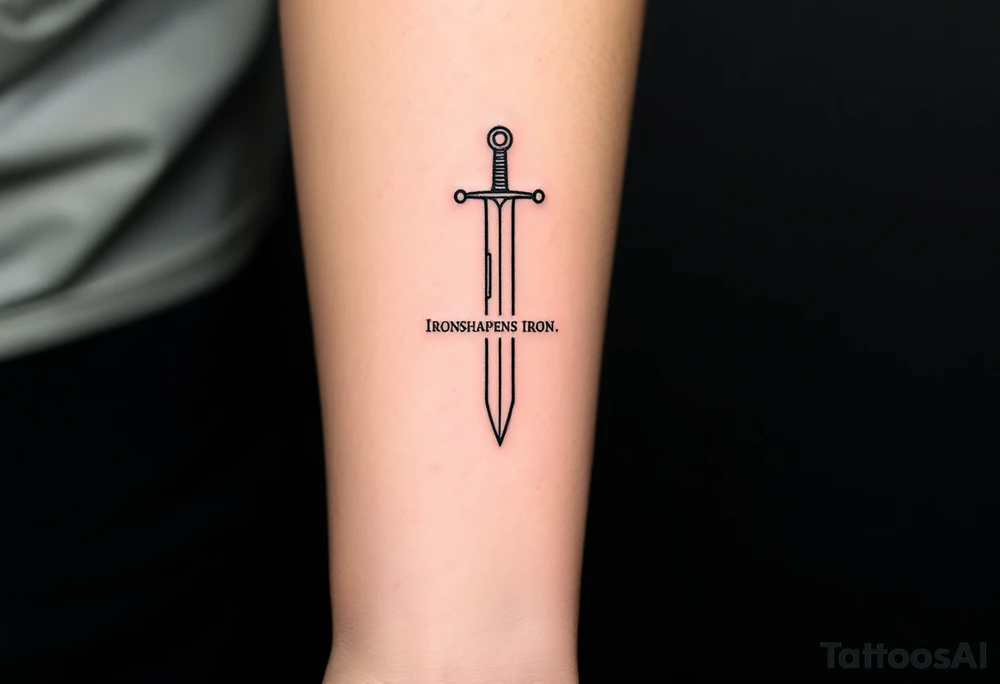 Minimalist black ink tattoo sketch of a vertical medieval sword with the phrase “Iron Sharpens Iron” engraved along the blade. Clean lines, no shading, forearm tattoo design. tattoo idea