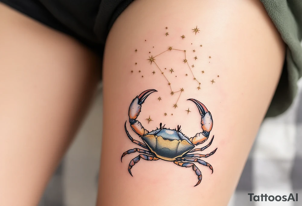 The star constellation of Cancer appears in golden thread style above a softly rendered seafoam crab. tattoo idea