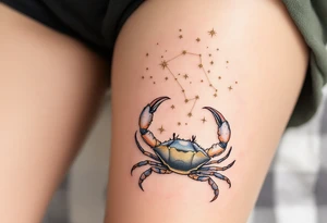 The star constellation of Cancer appears in golden thread style above a softly rendered seafoam crab. tattoo idea