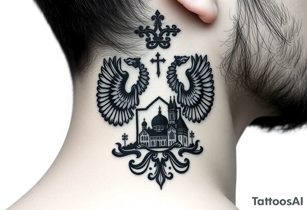 Traditional authentic Russian coat of arms with a Christian orthodox virgin marry in the middle and silhouette in a Russian wilderness Christian orthodoxy dome church village setting on the side of my neck tattoo idea