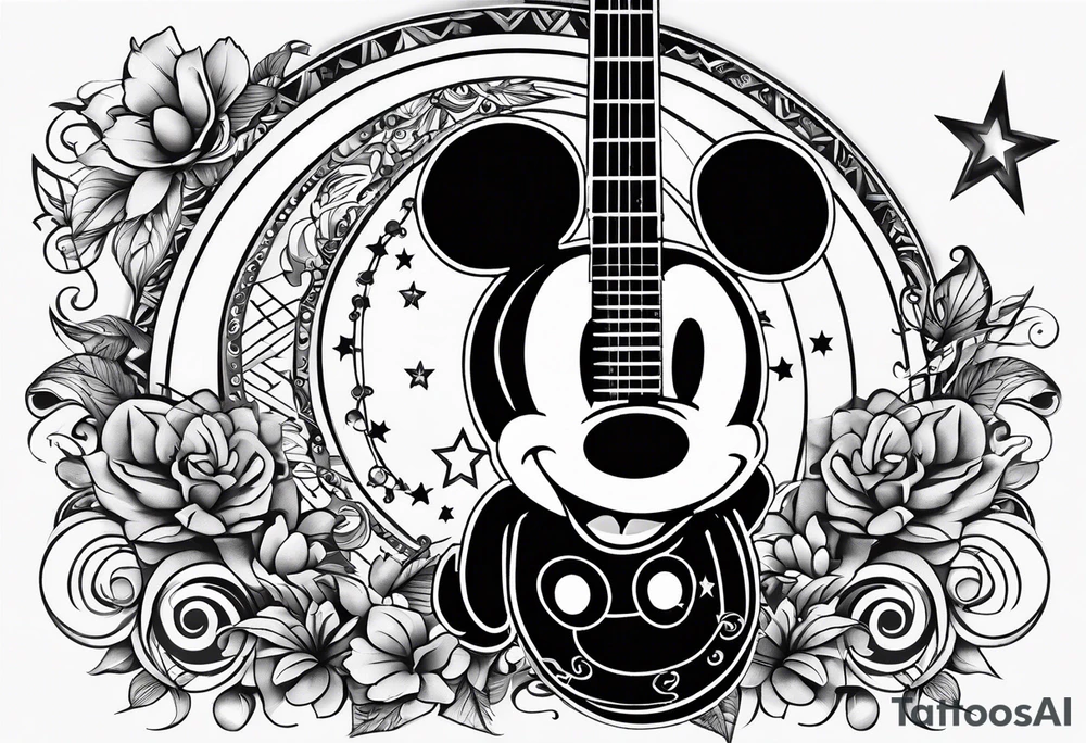 A well balanced tattoo full left arm with the following images:
a bass guitar, 
2 stars, 
1 quarter moon, 
a caduceus symbol and 
a mickey mouse shadow tattoo idea