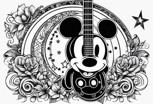 A well balanced tattoo full left arm with the following images:
a bass guitar, 
2 stars, 
1 quarter moon, 
a caduceus symbol and 
a mickey mouse shadow tattoo idea