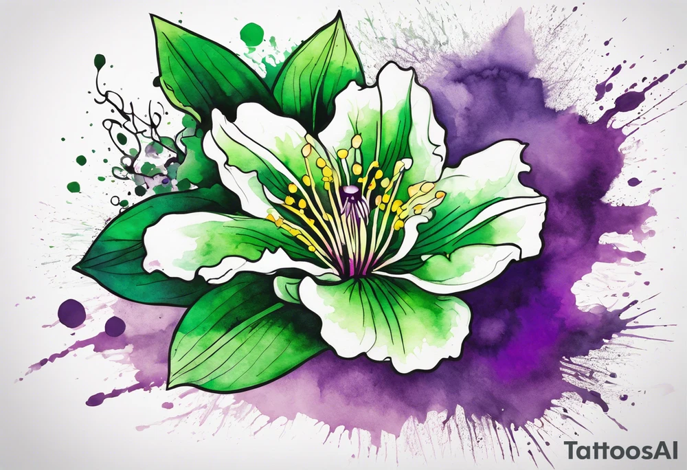 An outline of an only green rio dipladenia flower and a green and purple watercolor splash in the background tattoo idea