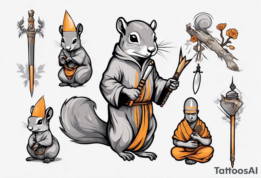 a grey squirrel dressed as a monk holding a silver spear tattoo idea