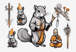 a grey squirrel dressed as a monk holding a silver spear tattoo idea