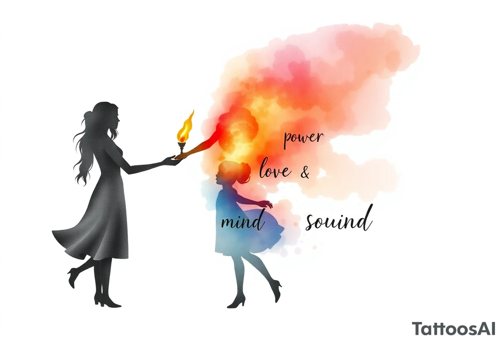 Silhouette of mother passing a flame to two daughters. Make the flame in watercolor motif and the silhouettes simple. Incorporate the words power, love and sound mind tattoo idea