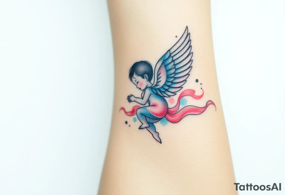 Winged baby, blue and pink watercolor, clouds tattoo idea