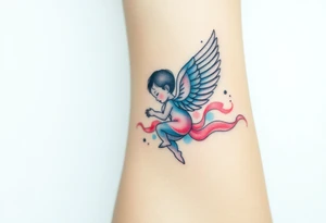 Winged baby, blue and pink watercolor, clouds tattoo idea