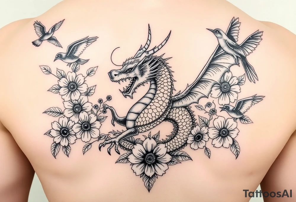 powerful majestic dragon, surrounded by floral ornaments and birds tattoo idea