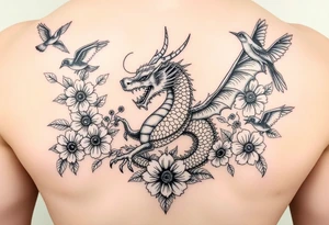 powerful majestic dragon, surrounded by floral ornaments and birds tattoo idea