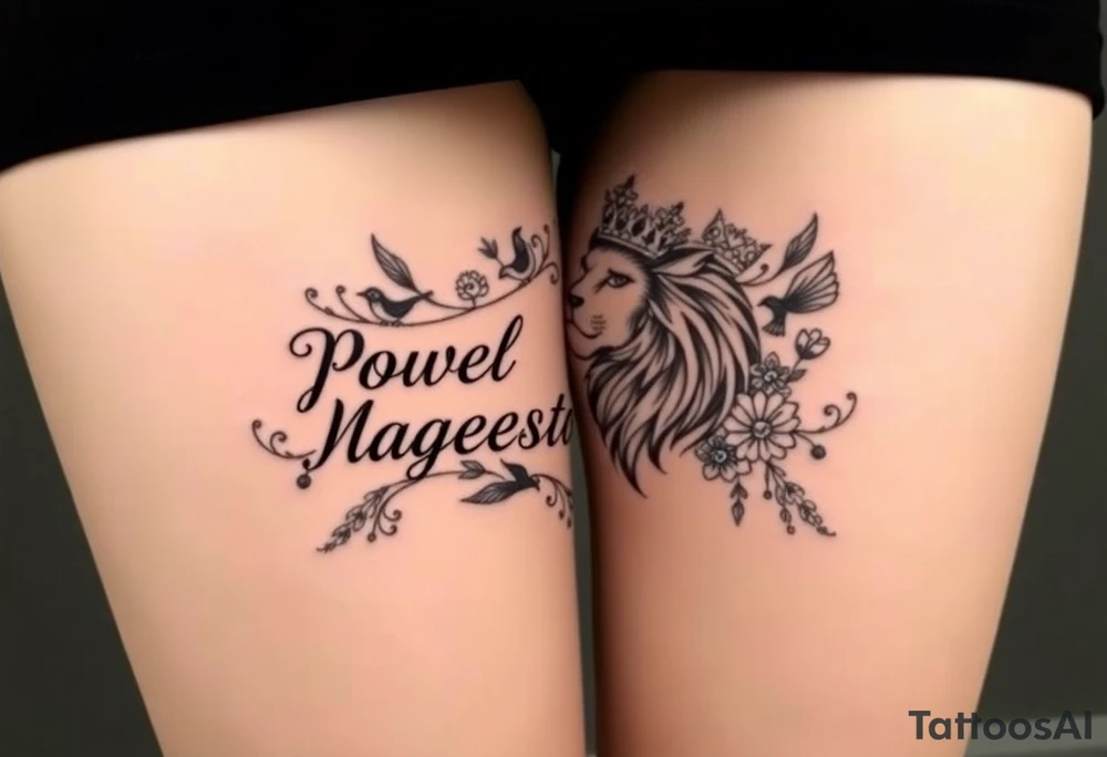 powerful majestic lion with a crown, surrounded by floral ornaments and birds tattoo idea