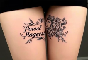 powerful majestic lion with a crown, surrounded by floral ornaments and birds tattoo idea