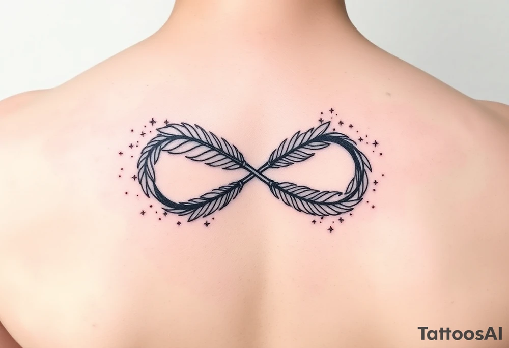 infinity symbol woven with floating feathers and stardust tattoo idea