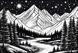 Lighter shaded night sky with stars.  Night sky fading at edges 

Mountains 

Trees with snow on them tattoo idea