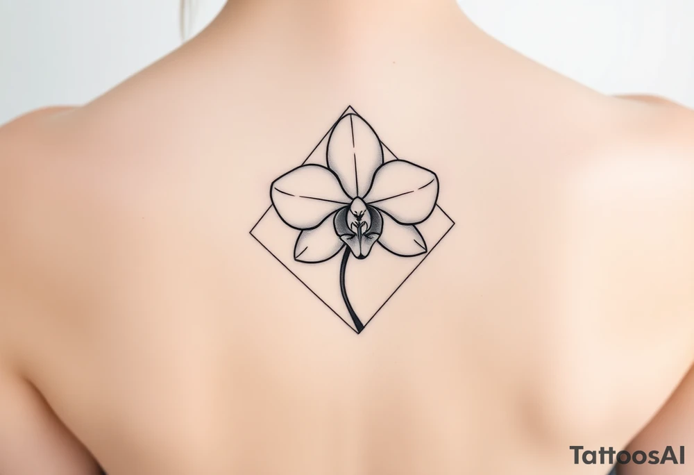 A single orchid flower drawn in fine-line style, with elegant curves and a subtle geometric frame tattoo idea