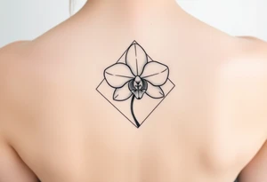 A single orchid flower drawn in fine-line style, with elegant curves and a subtle geometric frame tattoo idea