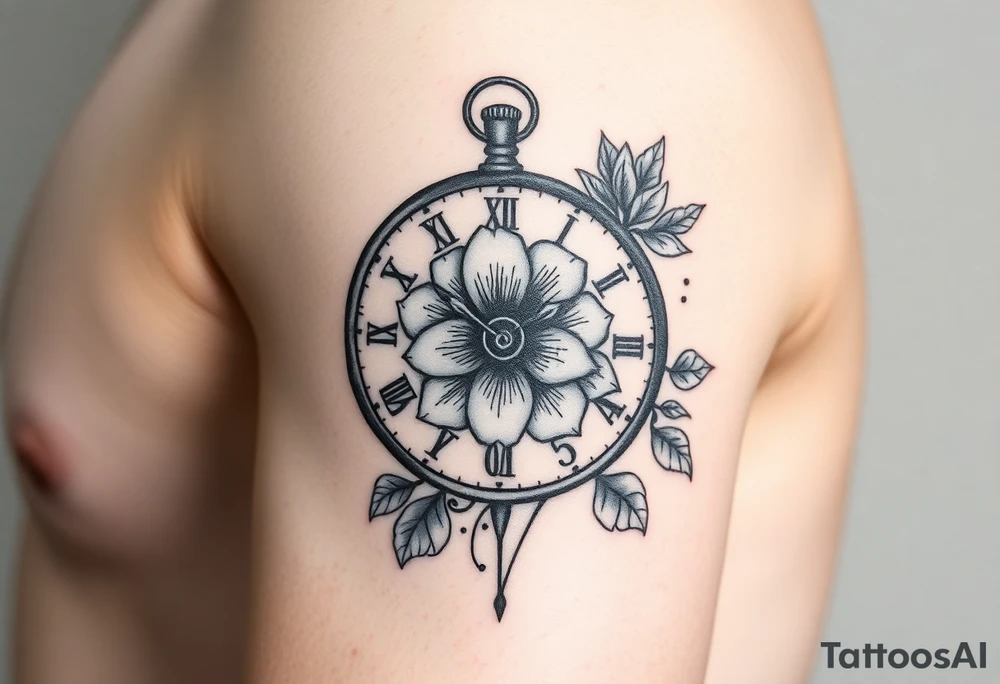 Clock with flower of love tattoo idea