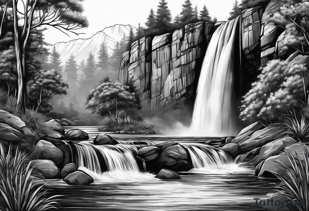 waterfall going into a river with a camp site in Australia tattoo idea