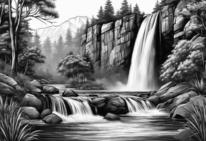 waterfall going into a river with a camp site in Australia tattoo idea