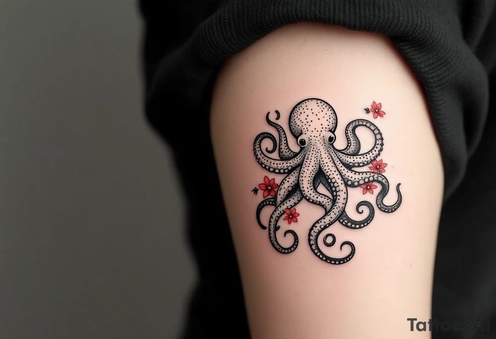 A small realistic black and grey tattoo of an octopus, cute, with detailed shading and soft linework, showing the octopus with swirling tentacles, on light skin. ornamental flowers around with red ink. The style is minimalistic and elegant, resembling fine-line tattoo with a shadow tattoo idea