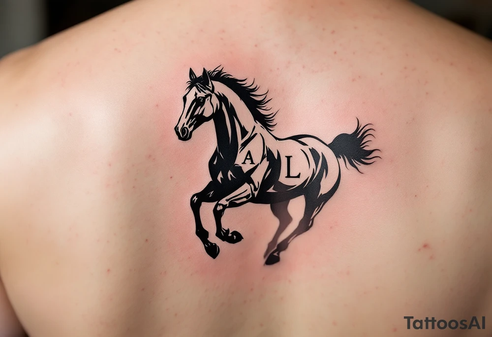 horse silhouette 
from the front which gallops from the front, with the 3 small letters discreetly integrated: M, A, L tattoo idea