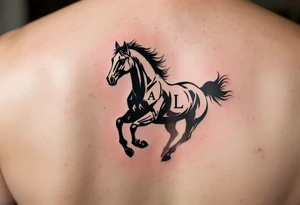 horse silhouette 
from the front which gallops from the front, with the 3 small letters discreetly integrated: M, A, L tattoo idea