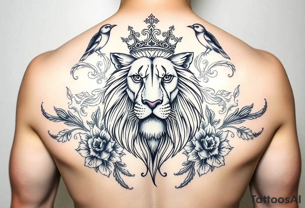 powerful majestic lion with a crown, surrounded by floral ornaments and birds tattoo idea