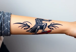 Darth Vader skateboarding with gun> bullets > memorial > god > colors > futuristic 
add name "Darth Carter" on skateboard
add date in loving memory 12/29/88-01/06/24 tattoo idea