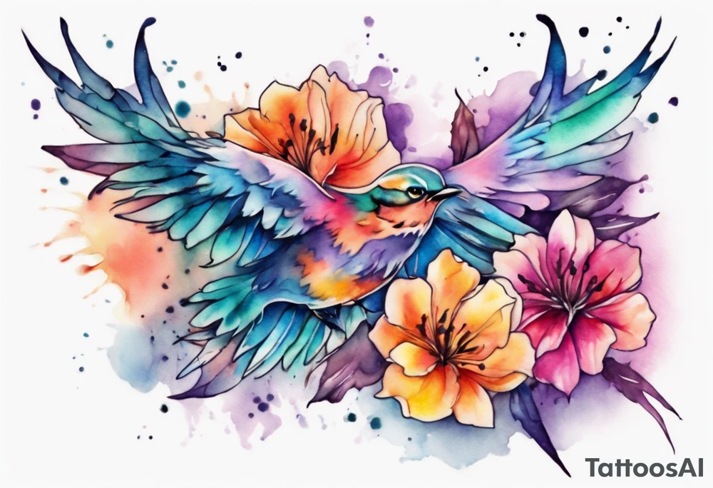 Create a watercolor-style tattoo to cover my chest tattoo. Use a blend of vibrant colors and soft transitions to achieve a beautiful and painterly effect tattoo idea