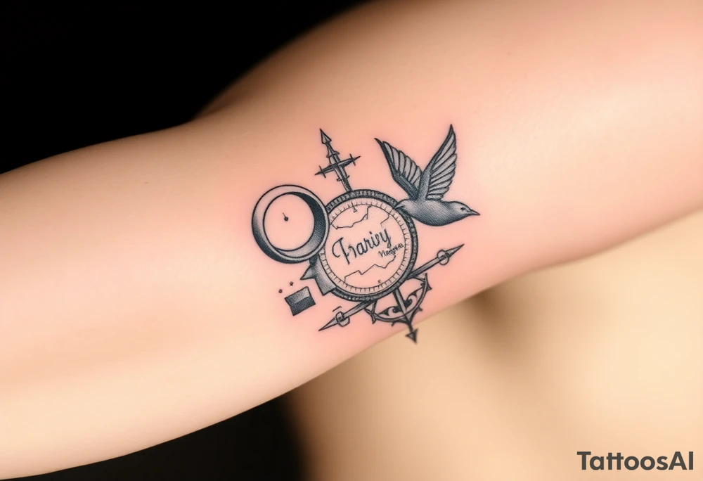 Uncharted 4 sleeve including the designs of the ring, decoder, birds, map, and compass with the words sic parvis magna. tattoo idea