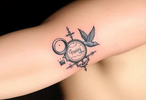 Uncharted 4 sleeve including the designs of the ring, decoder, birds, map, and compass with the words sic parvis magna. tattoo idea