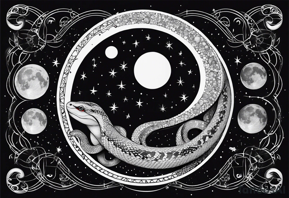 Fine line Snake around the moon phases with constellations tattoo idea