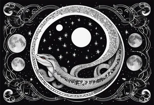 Fine line Snake around the moon phases with constellations tattoo idea