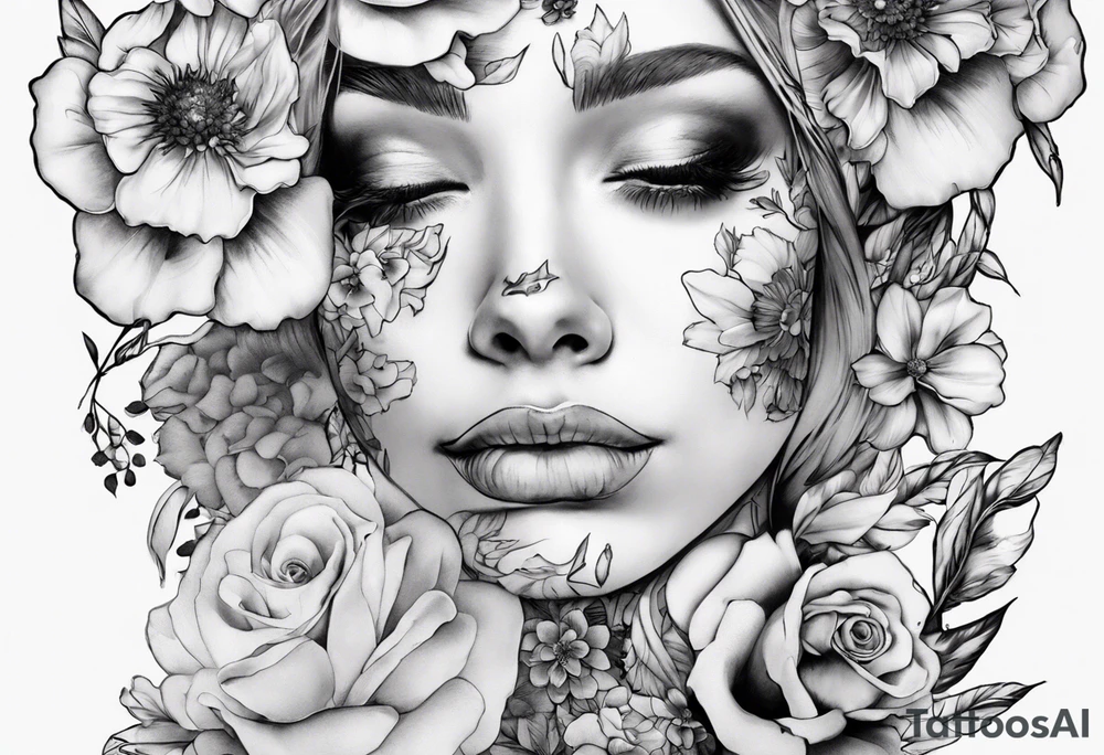Face of helene Ariane Andersen covered in flowers tattoo idea