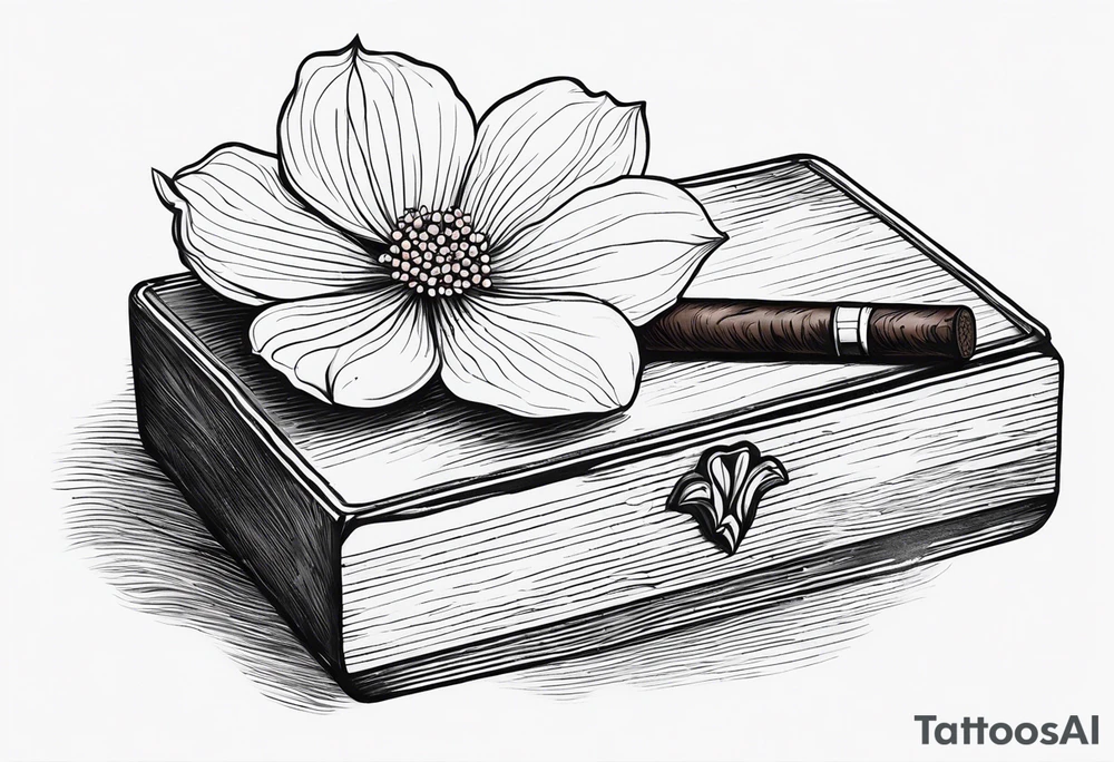 A simple vintage cigar box with a dogwood flower next to it as well as a lit cigar tattoo idea