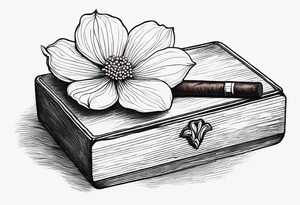 A simple vintage cigar box with a dogwood flower next to it as well as a lit cigar tattoo idea