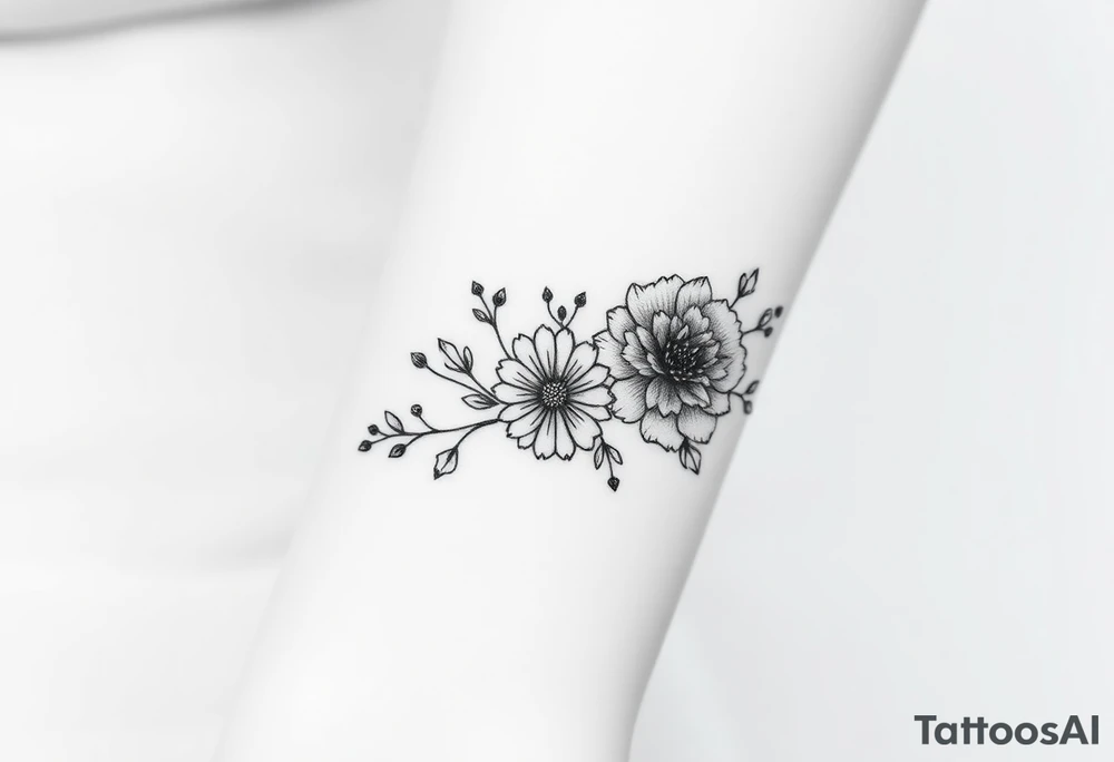 Feminine minimalist black and white bracelet/ cuff style with larkspur, peony and chrysanthemum flowers tattoo idea