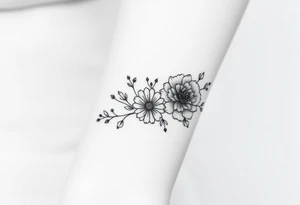 Feminine minimalist black and white bracelet/ cuff style with larkspur, peony and chrysanthemum flowers tattoo idea