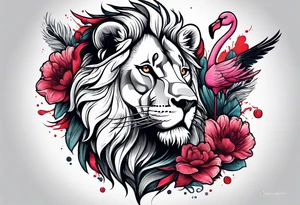 powerful majestic lion, eating a flamingo with feathers and blood and guts tattoo idea