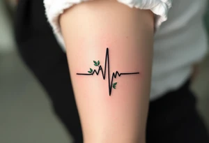 A black EKG line with small emerald green leaves at the peaks, representing life, growth, and nature. tattoo idea