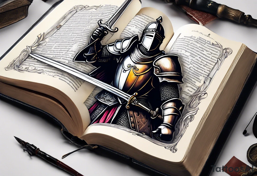 a knight pulling a sword out of an open bible tattoo idea
