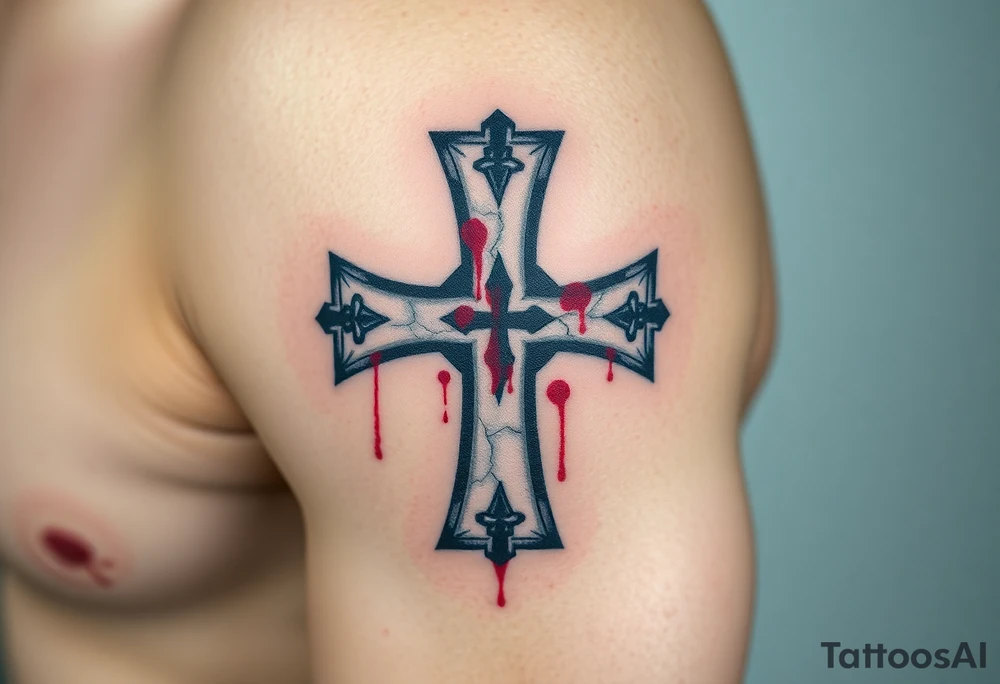 A cracked stone Templar cross with blood splatters, evoking the battle-worn history of the Knights Templar tattoo idea