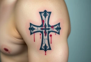 A cracked stone Templar cross with blood splatters, evoking the battle-worn history of the Knights Templar tattoo idea