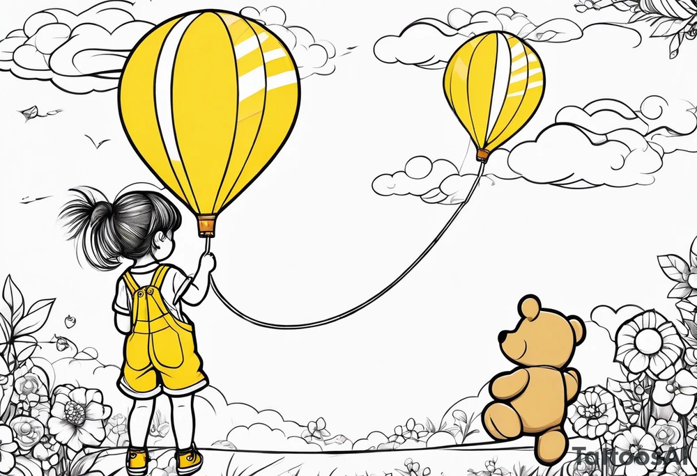back image of a little girl flying a kite with a teddy bear in yellow overalls standing beside her tattoo idea
