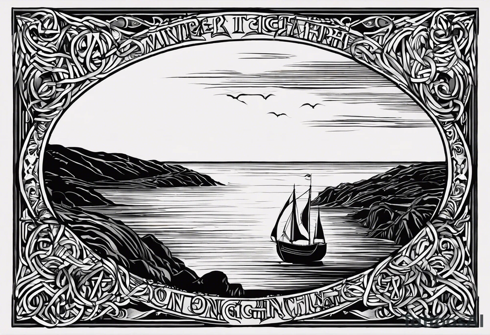 Design me a tattoo for an upper left arm half sleeve, with the script "Áit éigin taobh thall den farraige, áit éigin ag fanacht dom" and I was thinking originally to be over a coast scene (image uploaded) from a special place. Make it in the style of Viking or celtic designs incorporated into the design with a rune, but the text is a must tattoo idea