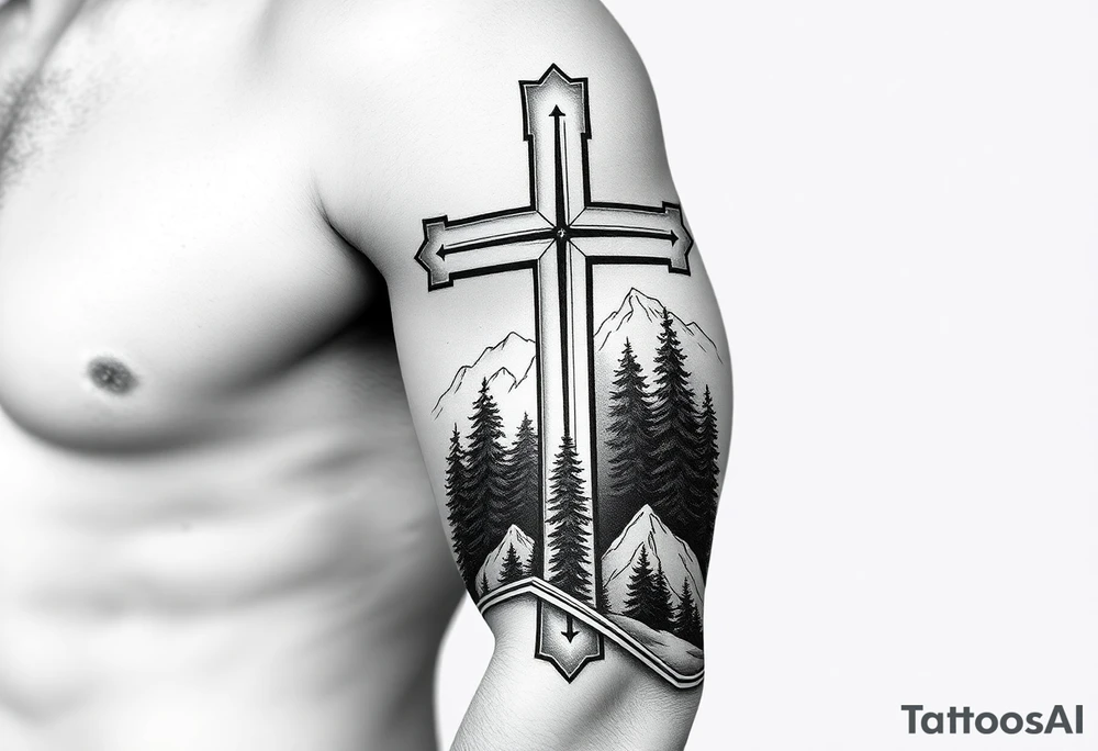 russian christian orthodox cross with the diagonal line at the bottom with a light forrest with a light mountainous setting tattoo idea