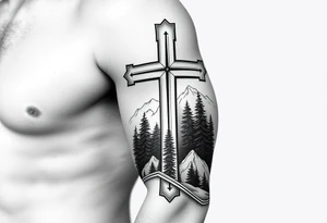 russian christian orthodox cross with the diagonal line at the bottom with a light forrest with a light mountainous setting tattoo idea